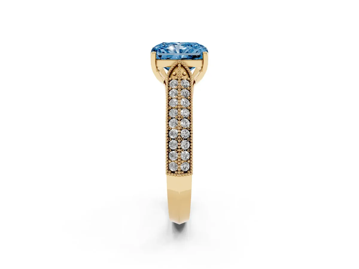 Fancy Blue Radiant Cut Cut Pave Split Shank Engagement Ring with Four-Prong Setting Yellow gold