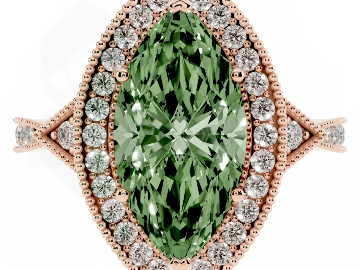 Fancy Green Marquise Cut Halo Round Diamond Milgrain Pave Engagement Ring Rose gold