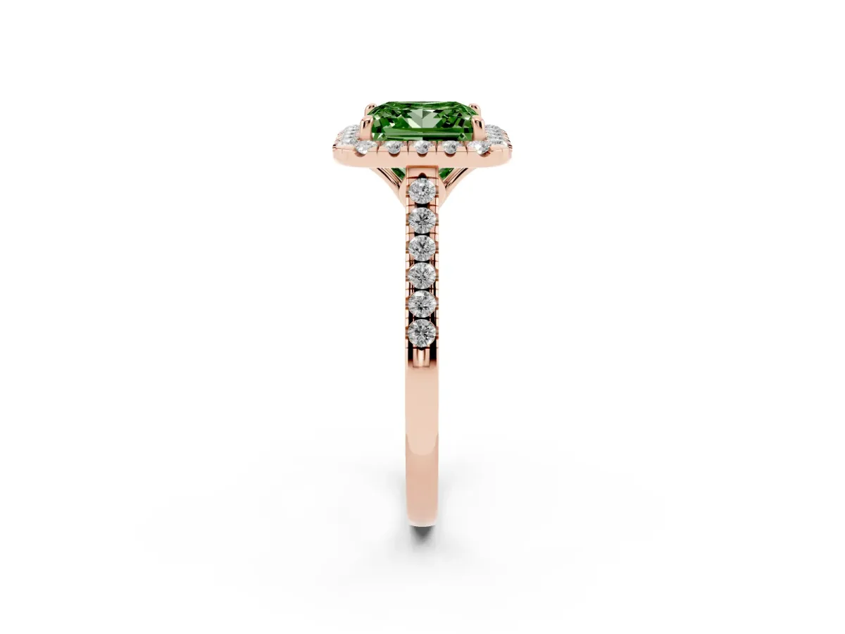 Fancy Green Princess Cut Halo Pavé Diamond Engagement Ring with Four-Prong Setting Rose gold