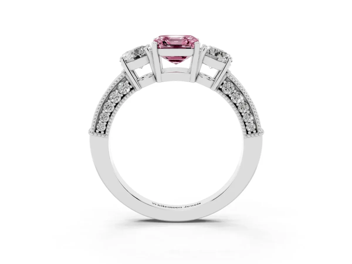 Fancy Pink Asscher Cut Three-Stone Diamond Ring with Pavé Band and Four-Prong Setting Silver