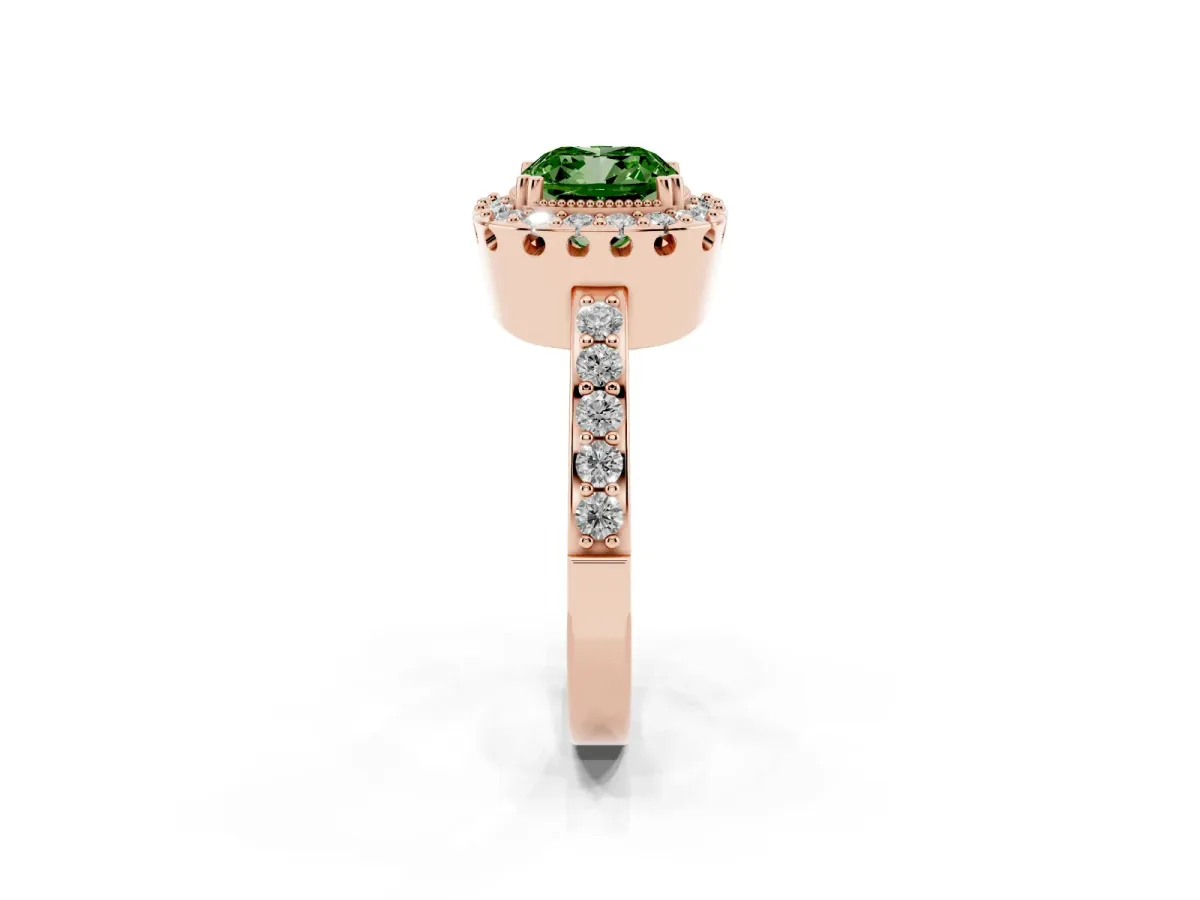 Fancy Green Cushion Cut Diamond Halo Ring with Pavé Band and Prong Setting Rose gold