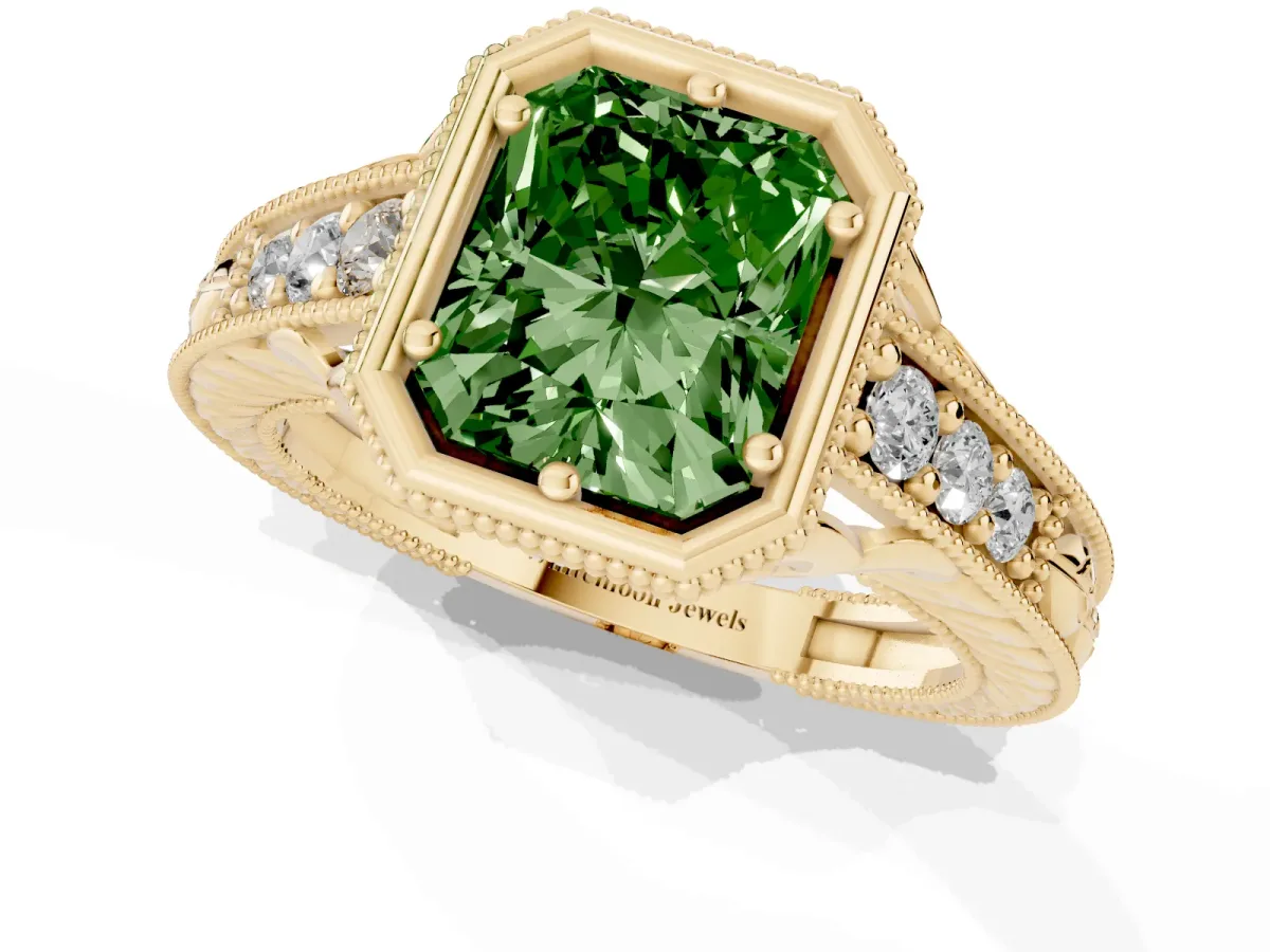 Fancy Green Bezel Set Radiant Cut Diamond Milgrain Pave Engagement Ring Yellow gold