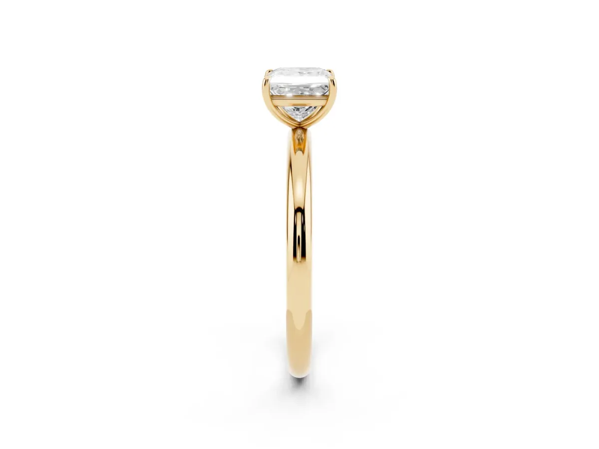 Princess Cut Solitaire Diamond Ring with Four-Prong Setting on a Plain Band Yellow gold