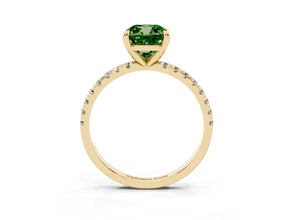 Fancy Green Cushion Cut Diamond Brilliant Solitaire Ring with Pavé Band and Four-Prong Setting Yellow gold