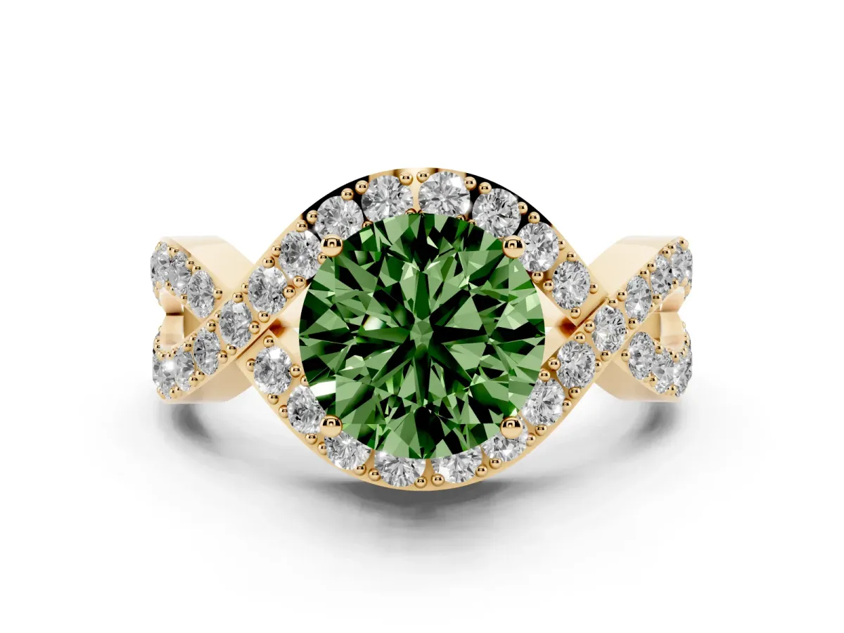 Fancy Green Round Cut Solitaire Twist Band Pavé Diamond Engagement Ring Yellow gold