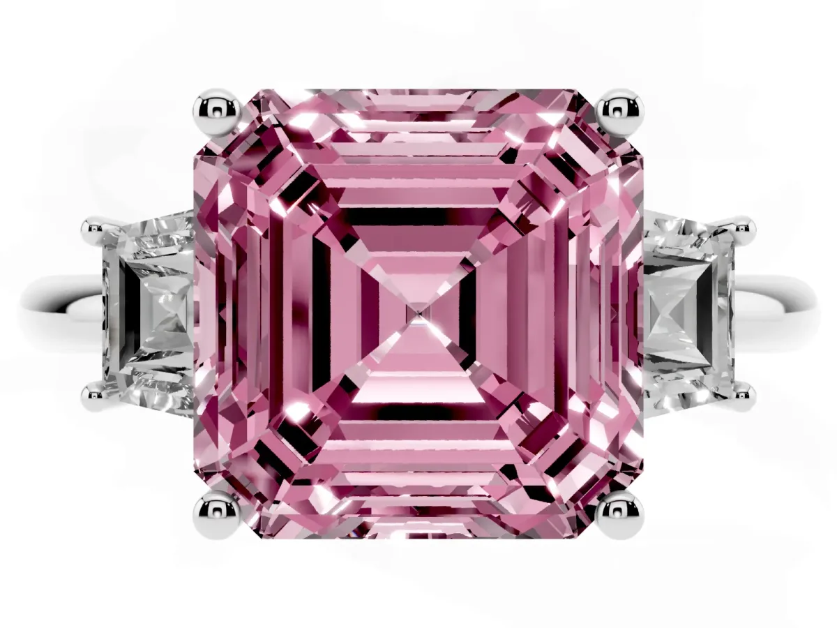 Fancy Pink Asscher Cut Diamond Three-Stone Ring with Trapezoid Side Stones and Prong Setting Silver