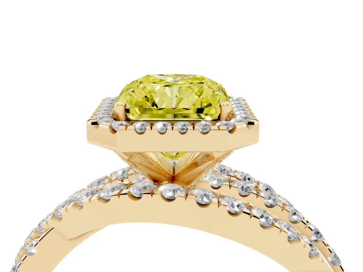 Fancy Yellow Radiant Cut Diamond Halo Ring with Round Split Shank and Prong Setting Yellow gold
