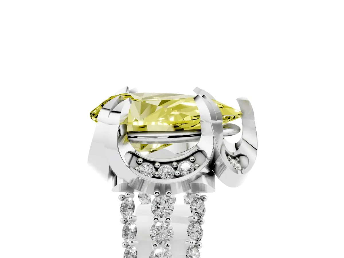 Fancy Yellow Pear Cut Solitaire Pave Split Shank Ring with Four-Prong Setting Silver