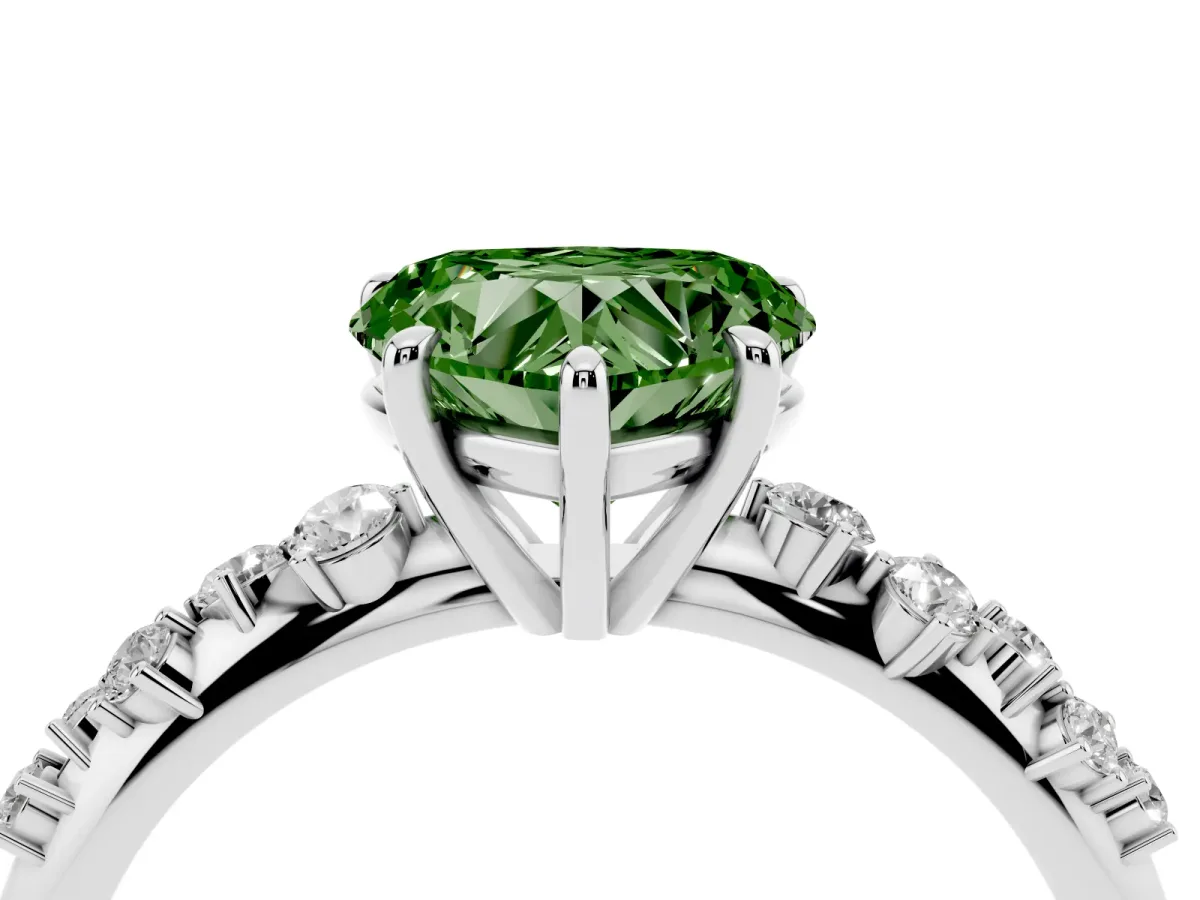 Fancy Green Heart Cut Diamond Cluster Side Stone Solitaire Ring with Prong Setting Platinum