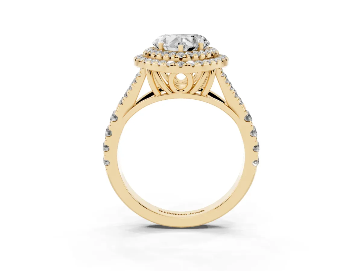 Heart Cut Cut Double Halo Split Shank Diamond Ring with Prong Setting Yellow gold
