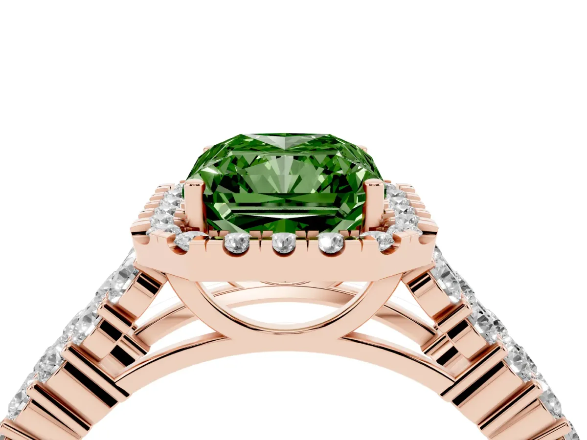 Fancy Green Radiant Cut Diamond Halo Engagement Ring with Triple Row Round Pavé Band and Prong Setting Rose gold