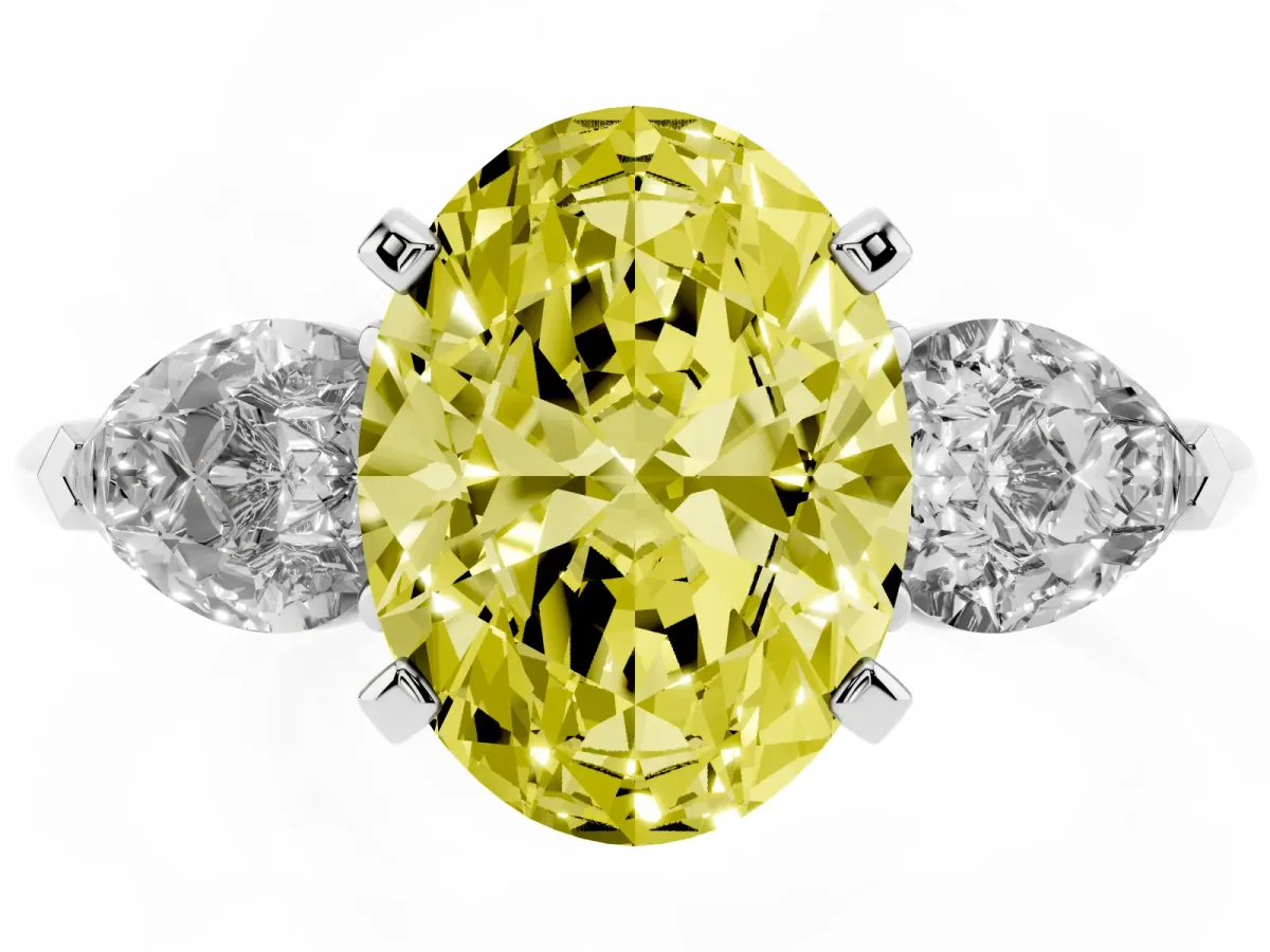 Fancy Yellow Three-Stone Oval Cut Diamond Ring with Pear Side Stones and Four-Prong Setting Platinum