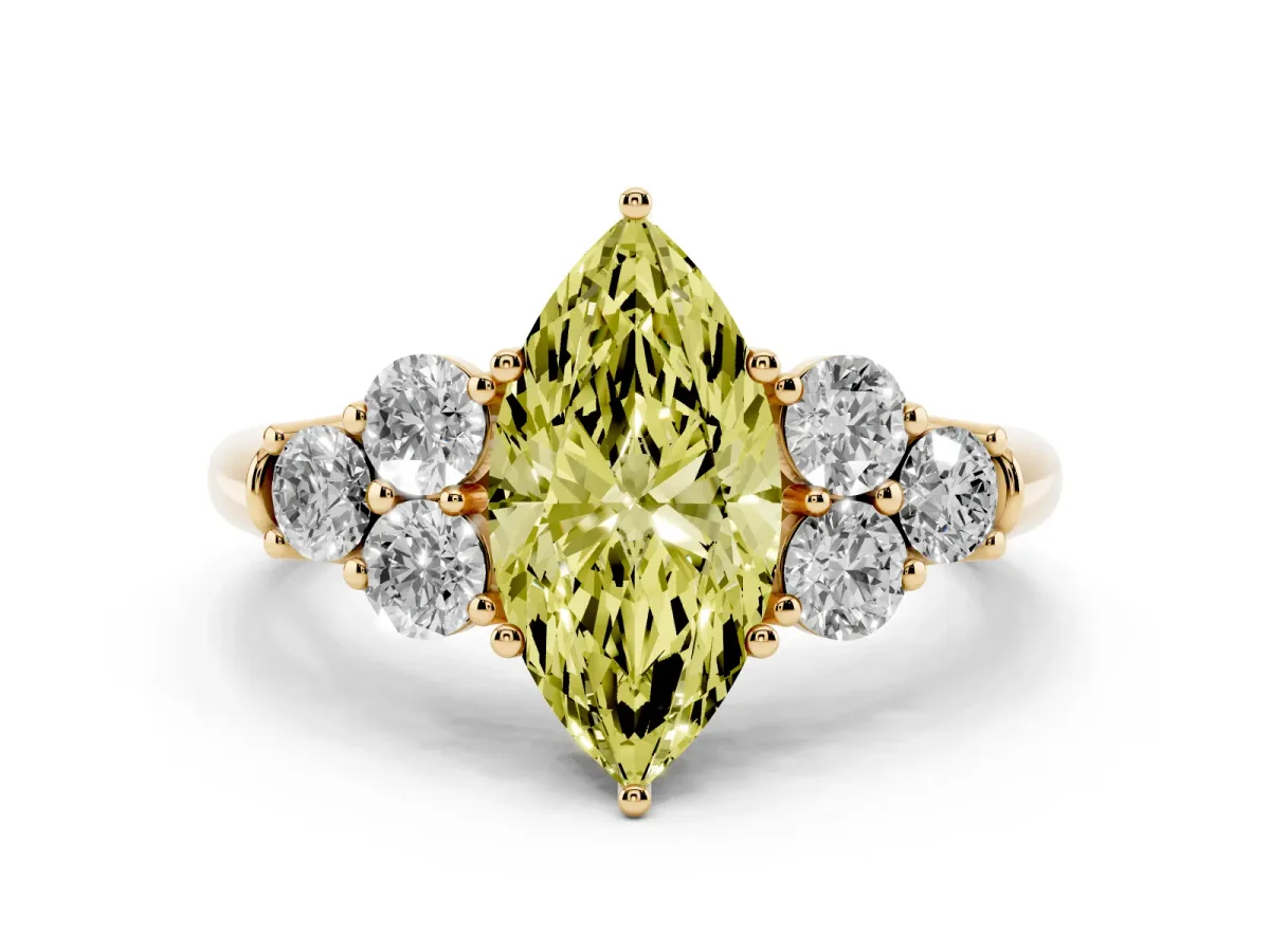 Fancy Yellow Marquise Cut Cut Diamond Cluster Ring with Round Accent Stones and Prong Setting on a Classic Band Yellow gold