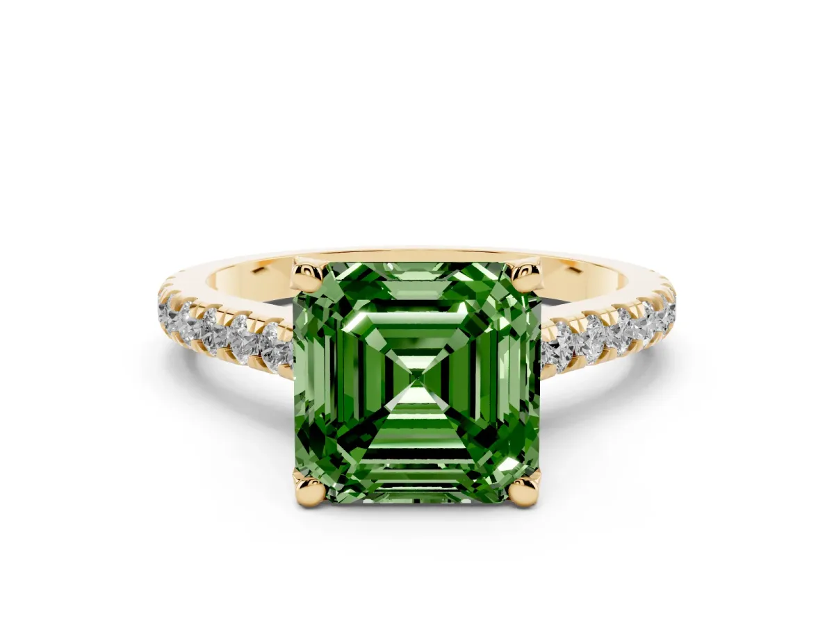 Fancy Green Asscher Cut Brilliant Diamond Solitaire with Pavé Band and Four-Prong Setting Yellow gold