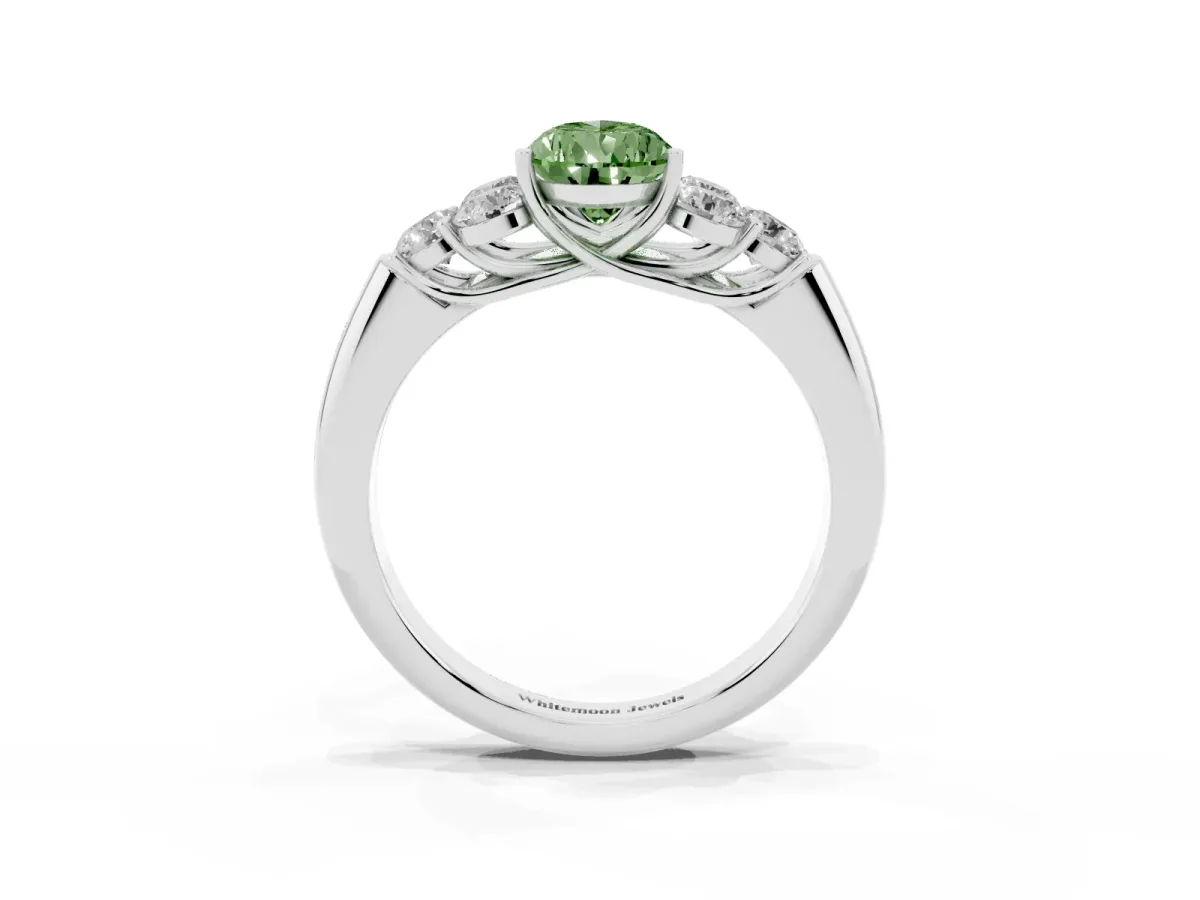 Fancy Green Pear Cut Cut Diamond Cluster Ring with Round Accent Stones and Prong Setting on a Classic Band White gold