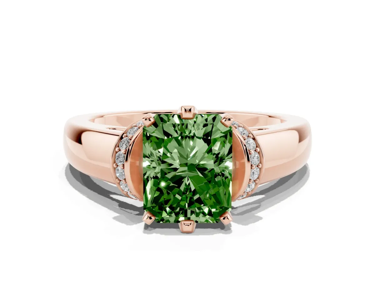 Fancy Green Radiant Cut Solitaire Diamond Ring with Pave Band and Six-Prong Setting Rose gold