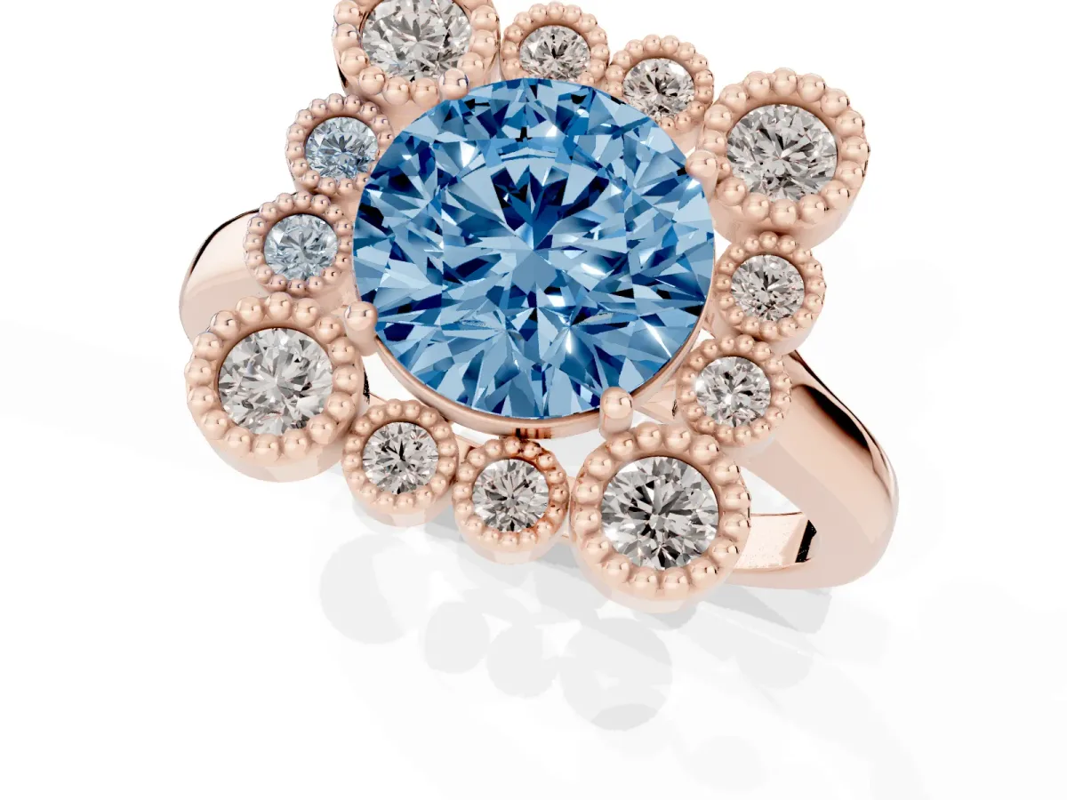 Fancy Blue Round Cut Halo Diamond Cluster Engagement Ring with Milgrain Bezel Setting and Solitaire Band Rose gold