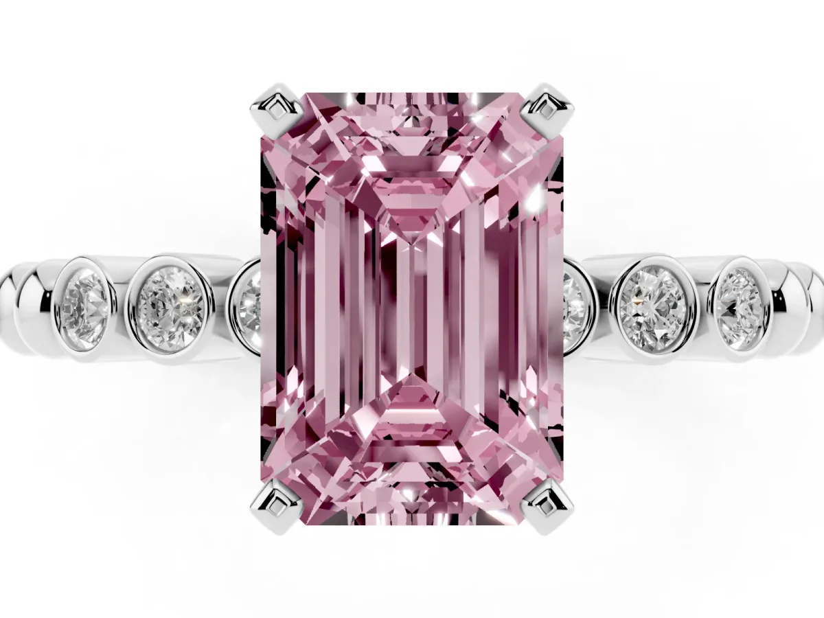 Fancy Pink Emerald Cut Solitaire Bezel Accent Diamond Engagement Ring with Beaded Band and Four-Prong Setting Silver