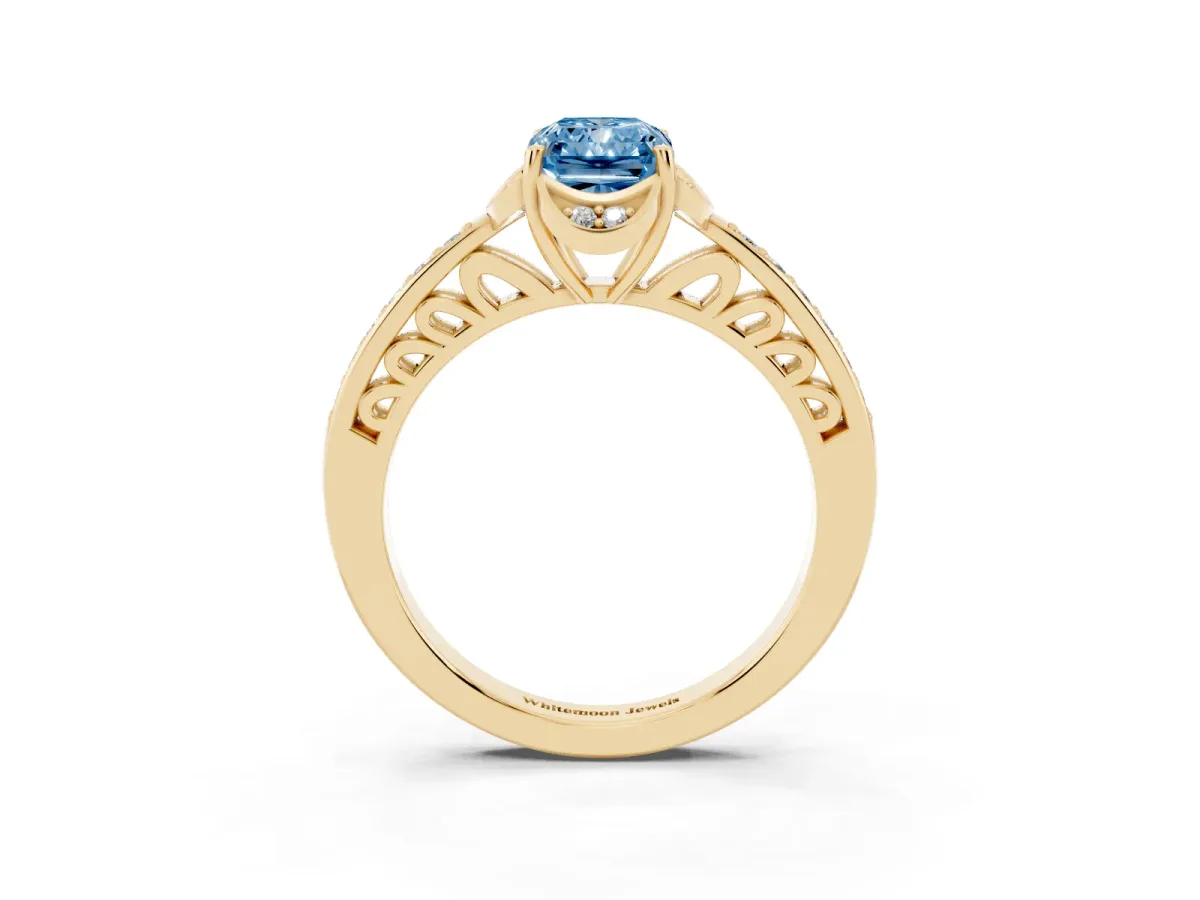 Fancy Blue Radiant Cut Cut Halo Diamond Ring with Channel Set Band and Four-Prong Setting Yellow gold