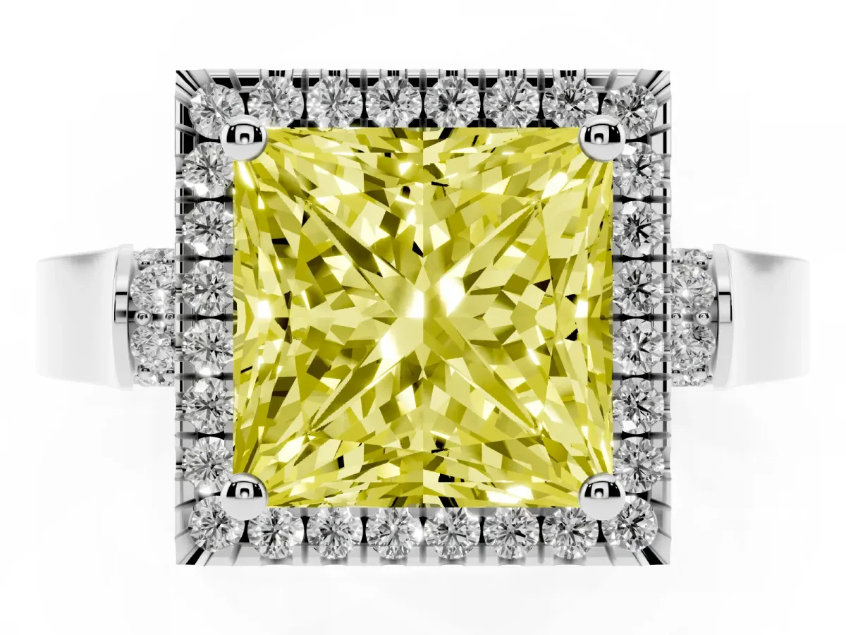 Fancy Yellow Princess Cut Halo Round Diamond Twist Band with Four-Prong Setting White gold