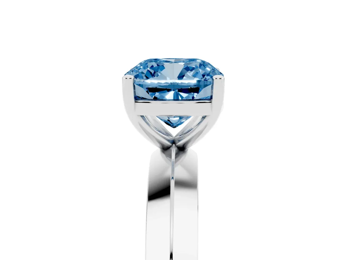 Fancy Blue Cushion Cut Cut Solitaire Engagement Ring with Flat Band and Four-Prong Setting Silver