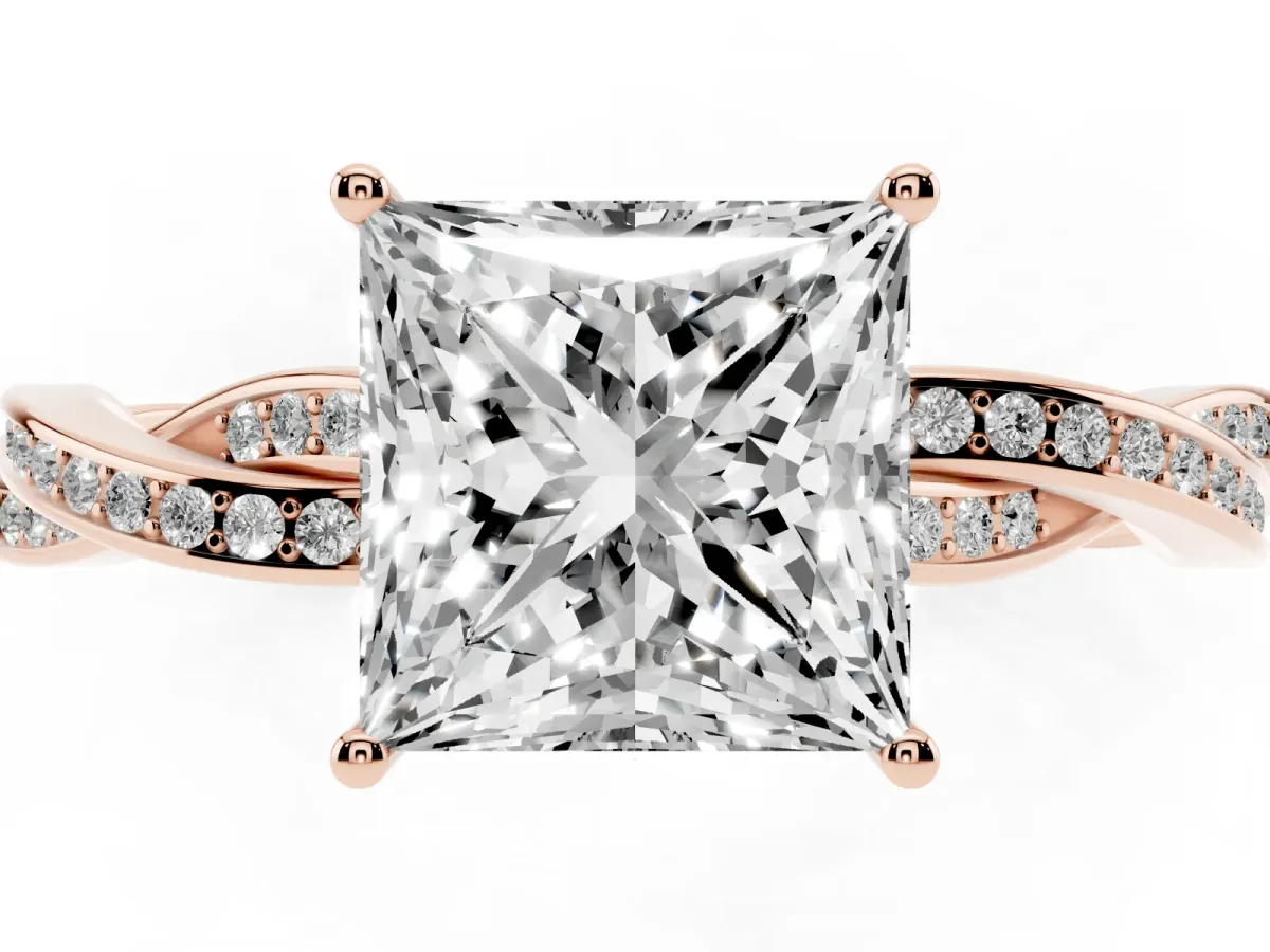 Princess Cut Solitaire Twisted Pave Diamond Ring with Four-Prong Setting Rose gold