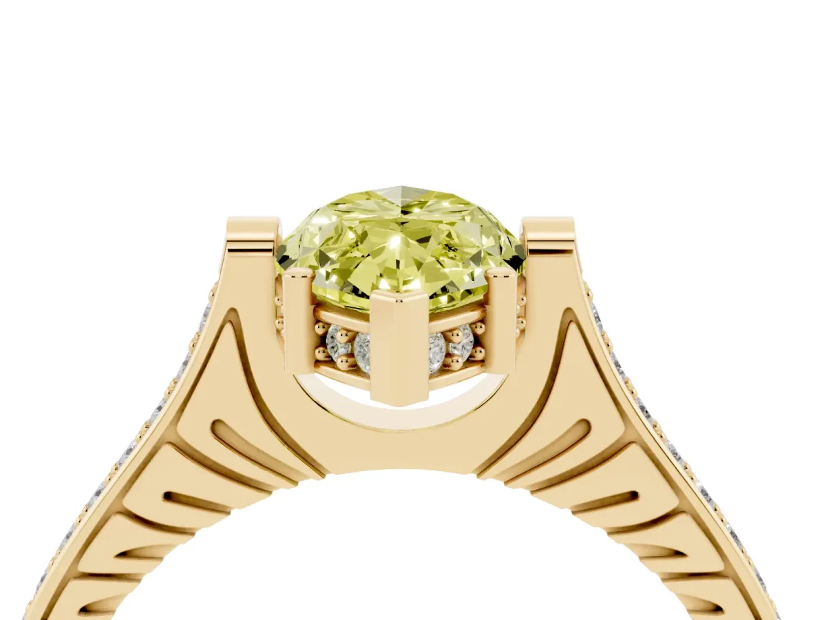 Fancy Yellow Marquise Cut Solitaire Diamond Ring with Channel Set Band and Bezel Prong Setting Yellow gold