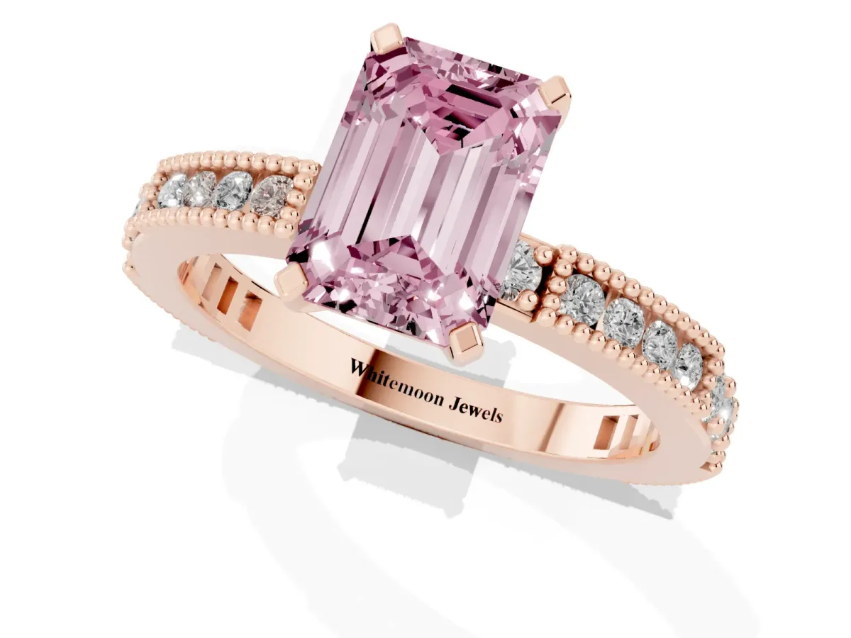 Fancy Pink Emerald Cut Solitaire with Pavé Band and Four-Prong Setting Rose gold