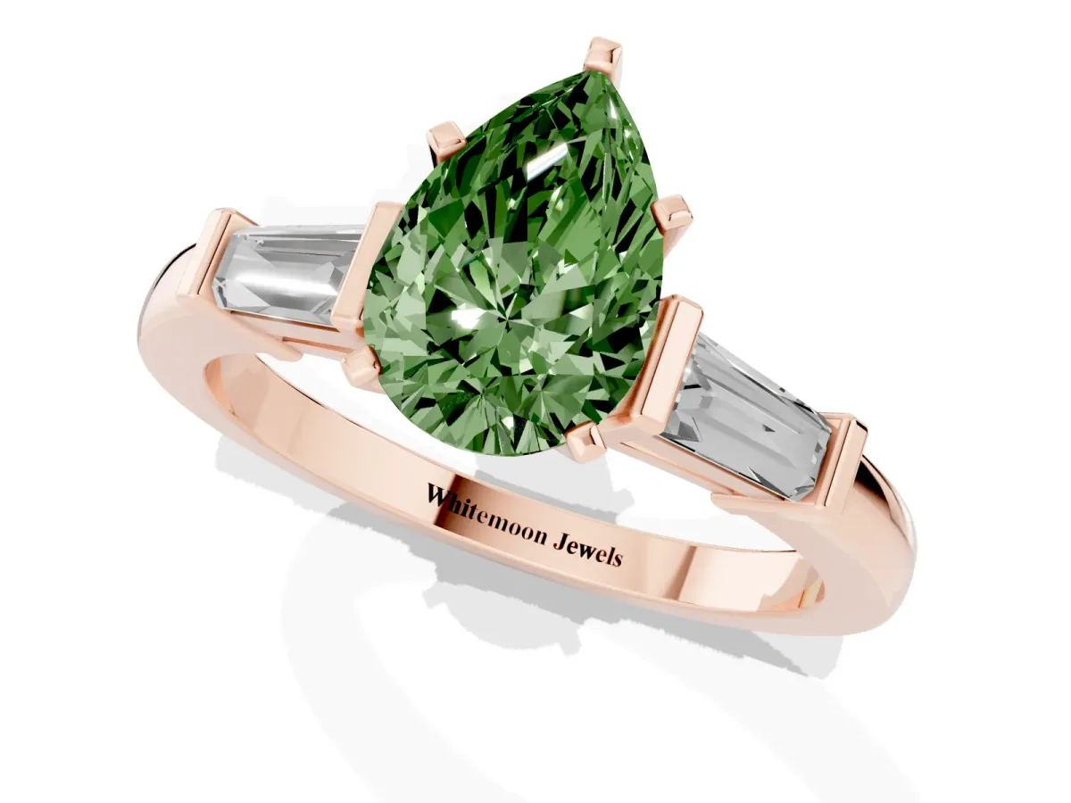 Fancy Green Pear Cut Cut Diamond Solitaire Ring with Tapered Baguette Accents and Four-Prong Setting Rose gold