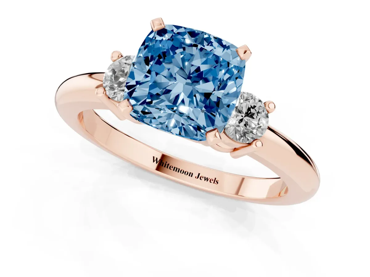 Fancy Blue Three-Stone Cushion Cut Cut Diamond Solitaire with Prong Setting and Classic Band Rose gold