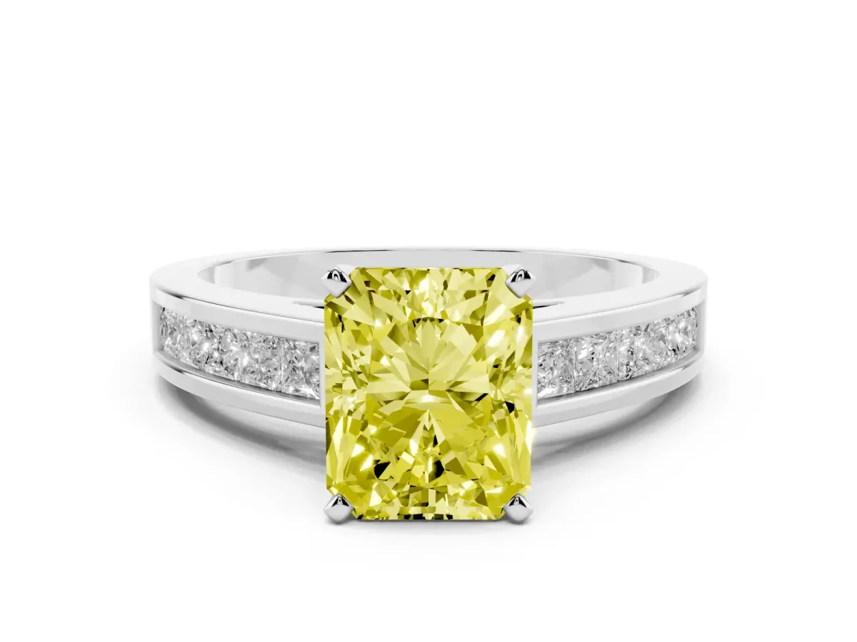 Fancy Yellow Radiant Cut Solitaire Diamond Ring with Channel-Set Band and Four-Prong Setting Silver