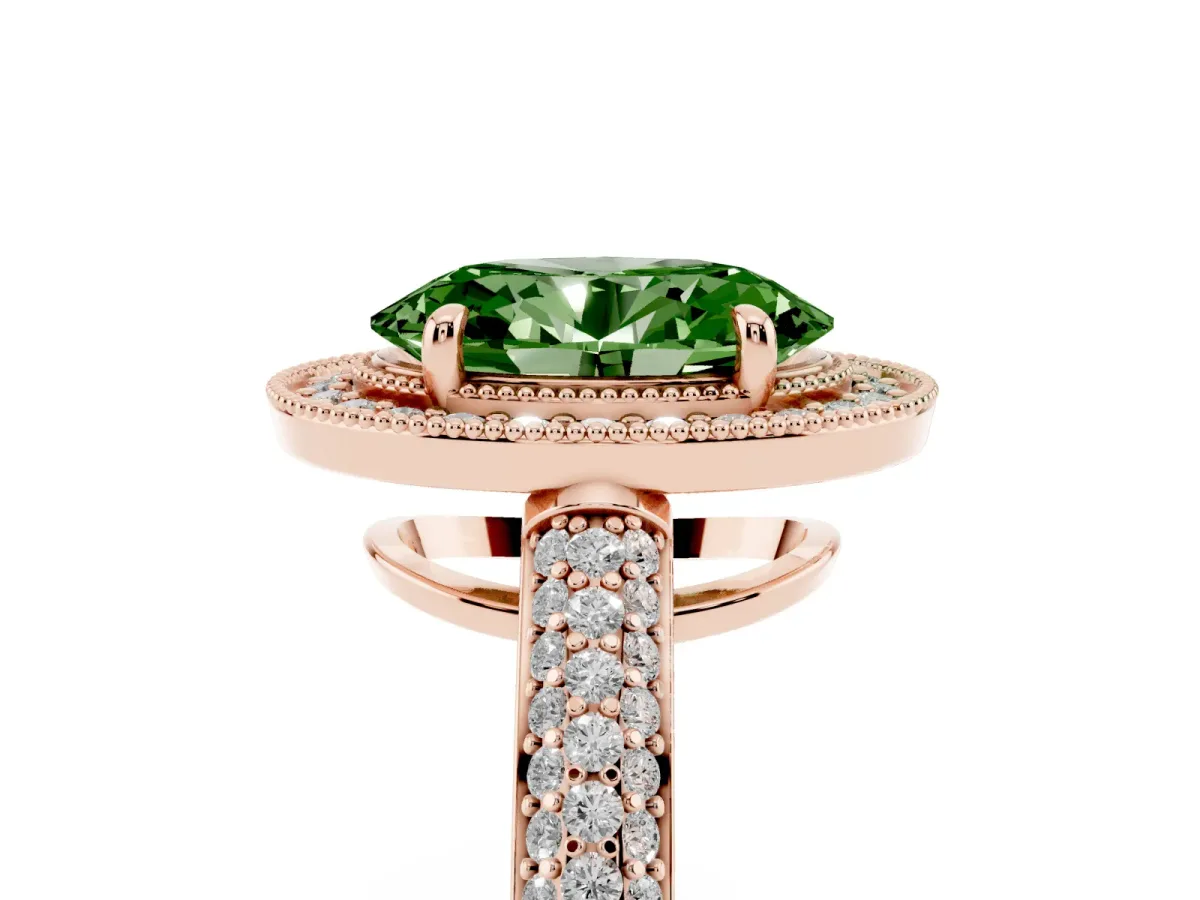 Fancy Green Oval Cut Cut Halo Diamond Pave Band with Four-Prong Setting Rose gold
