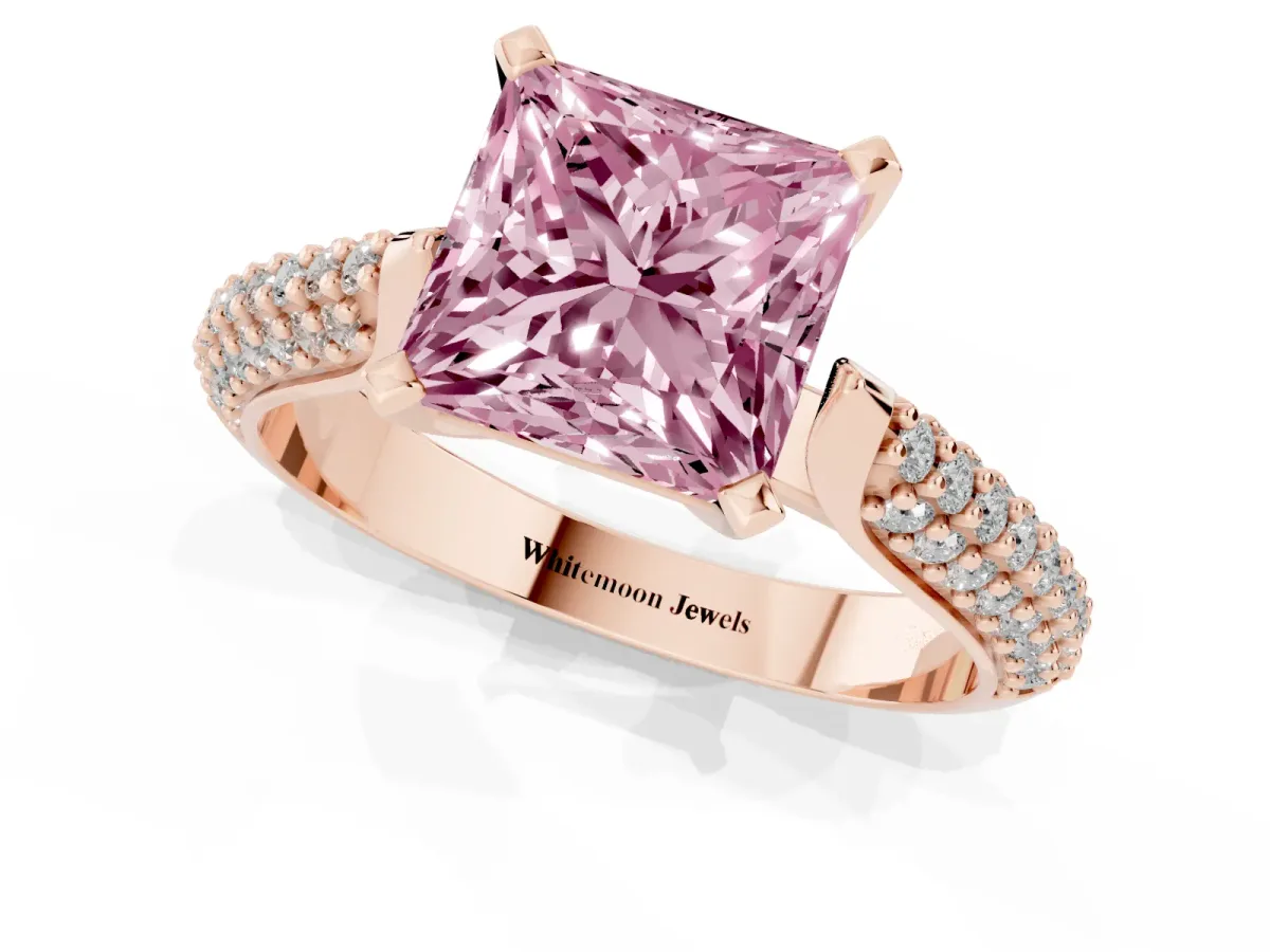Fancy Pink Princess Cut Diamond Solitaire Engagement Ring with Multi-Row Round Pavé Band and Prong Setting Rose gold