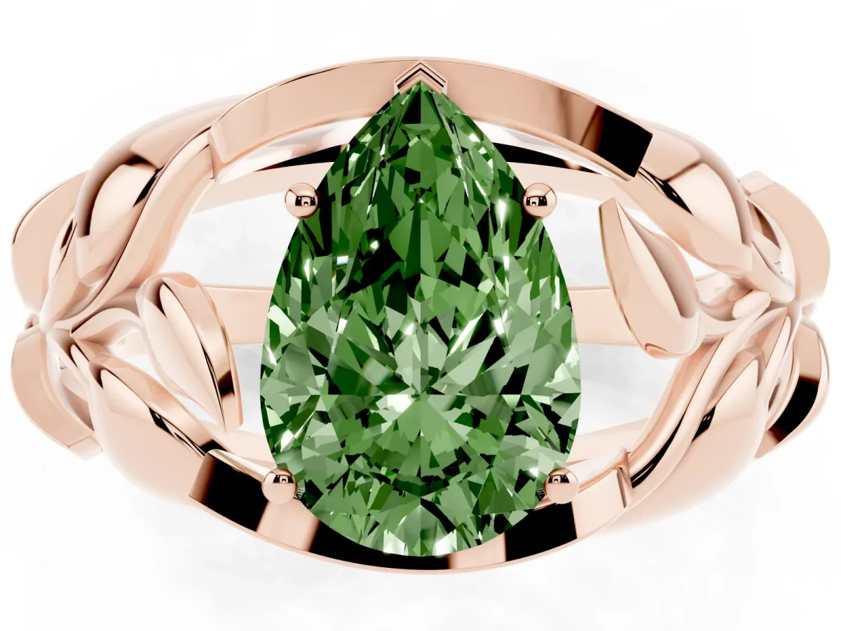 Fancy Green Pear Cut Diamond Leaf-Inspired Engagement Ring with Round Accents and Prong Setting Rose gold