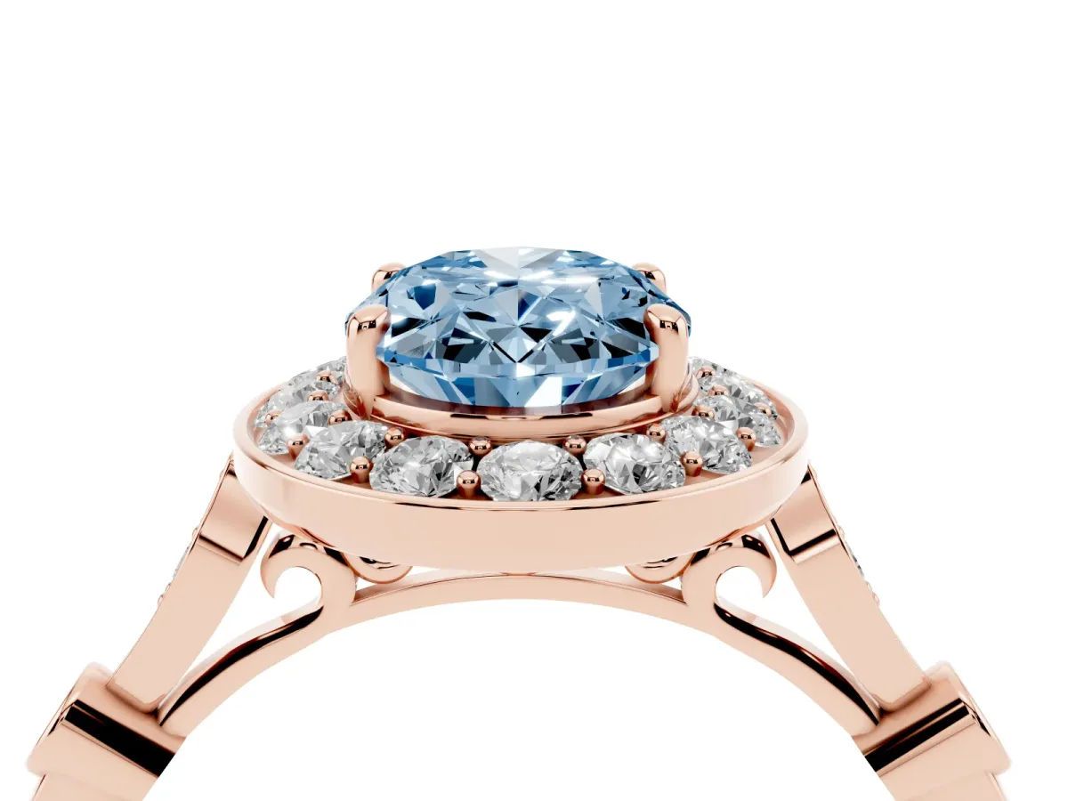Fancy Blue Oval Cut Halo Diamond Engagement Ring with Twisted Band and Four-Prong Setting Rose gold