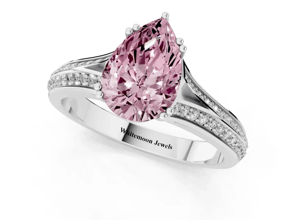 Fancy Pink Pear Cut Diamond Split Shank Engagement Ring with Pavé Band Platinum