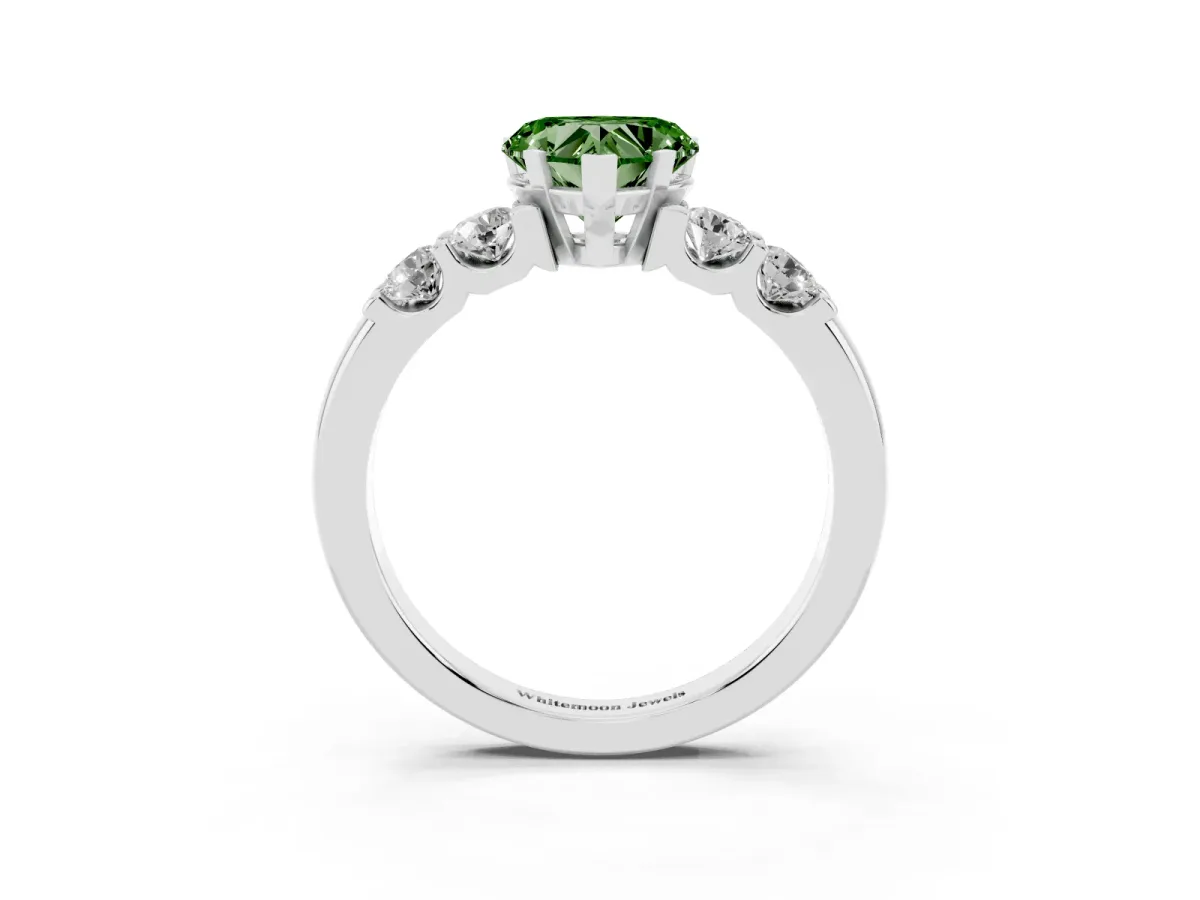 Fancy Green Heart Cut Brilliant Cut Diamond Five-Stone Prong Set Engagement Ring with Channel Band Platinum