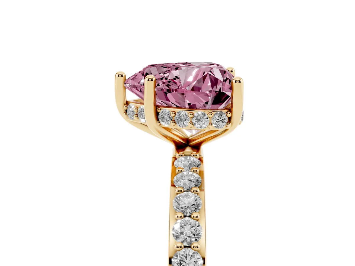 Fancy Pink Heart Cut Diamond Solitaire Ring with Pavé Band and Hidden Halo Yellow gold