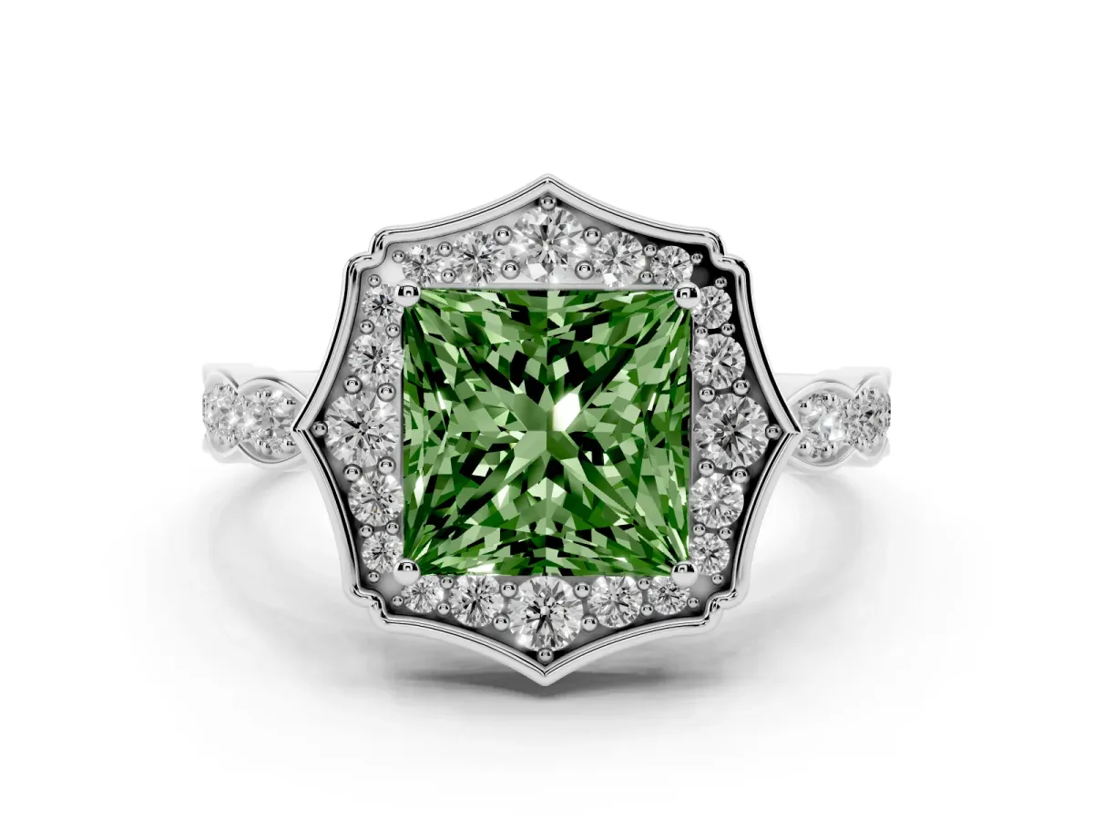 Fancy Green Princess Cut Halo Diamond Engagement Ring with Milgrain Band and Four-Prong Setting Silver