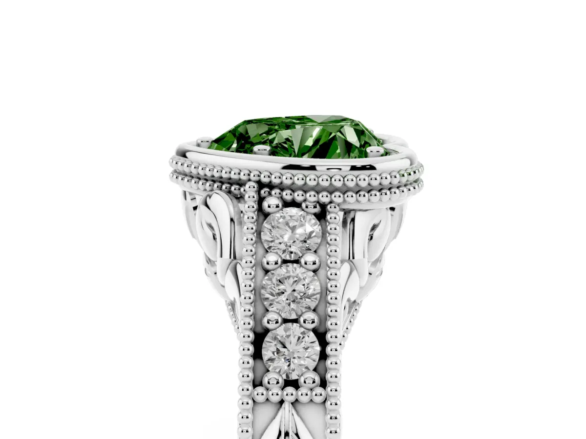 Fancy Green Bezel Set Heart Cut Diamond Milgrain Pave Engagement Ring Platinum