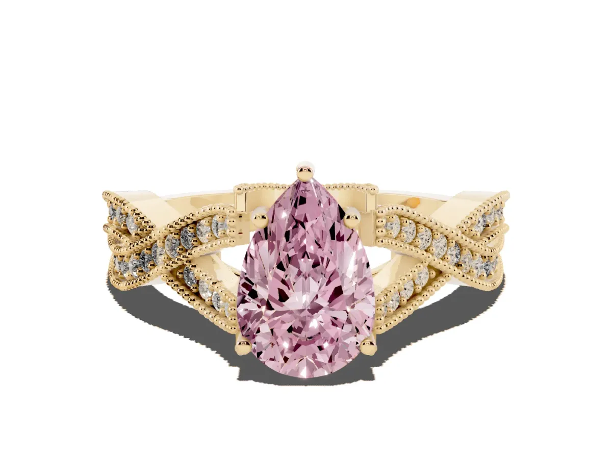 Fancy Pink Pear Cut Cut Diamond Twisted Band with Milgrain Pave Setting and Four-Prong Setting Yellow gold