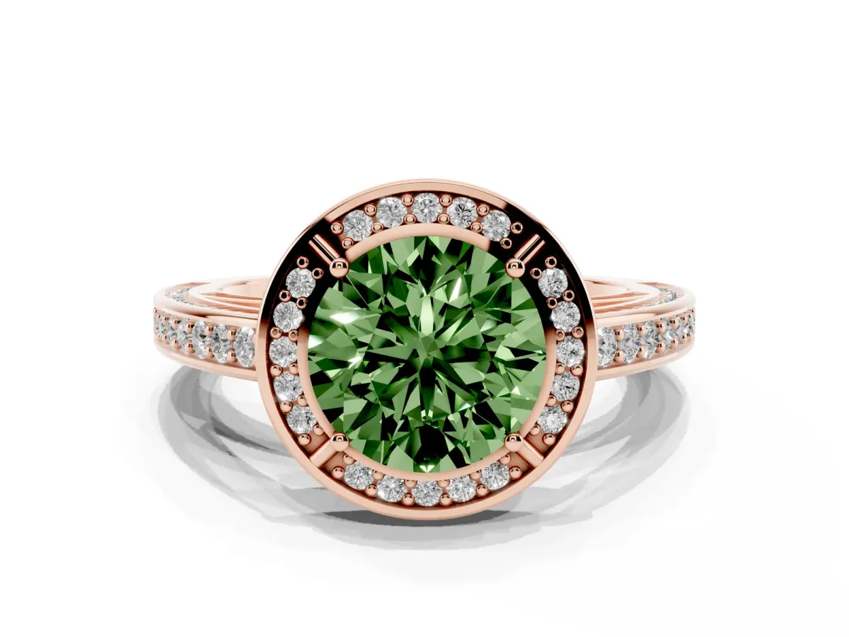 Fancy Green Round Cut Cut Halo Pave Split Shank Prong Setting Ring Rose gold