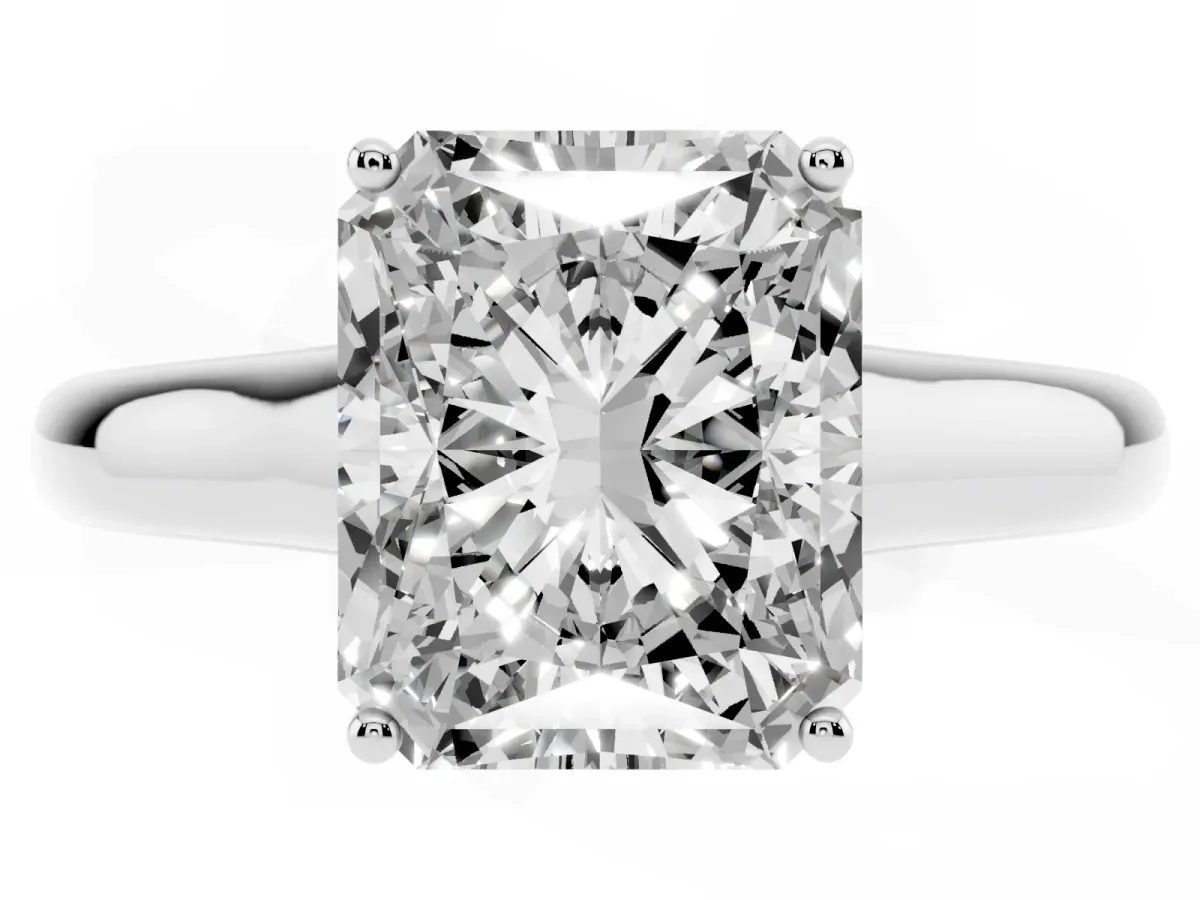 Radiant Cut Solitaire Engagement Ring with Tapered Band and Four-Prong Setting White gold