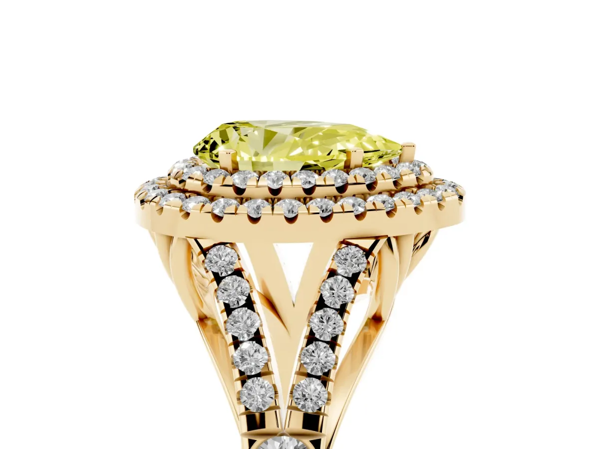 Fancy Yellow Pear Cut Cut Double Halo Split Shank Diamond Ring with Prong Setting Yellow gold