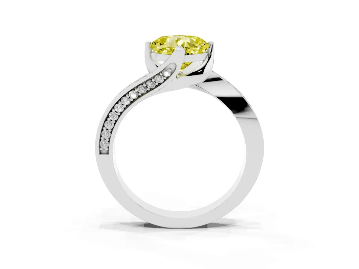 Fancy Yellow Cushion Cut Solitaire Diamond Twist Band with Pavé Setting and Four-Prong Setting White gold