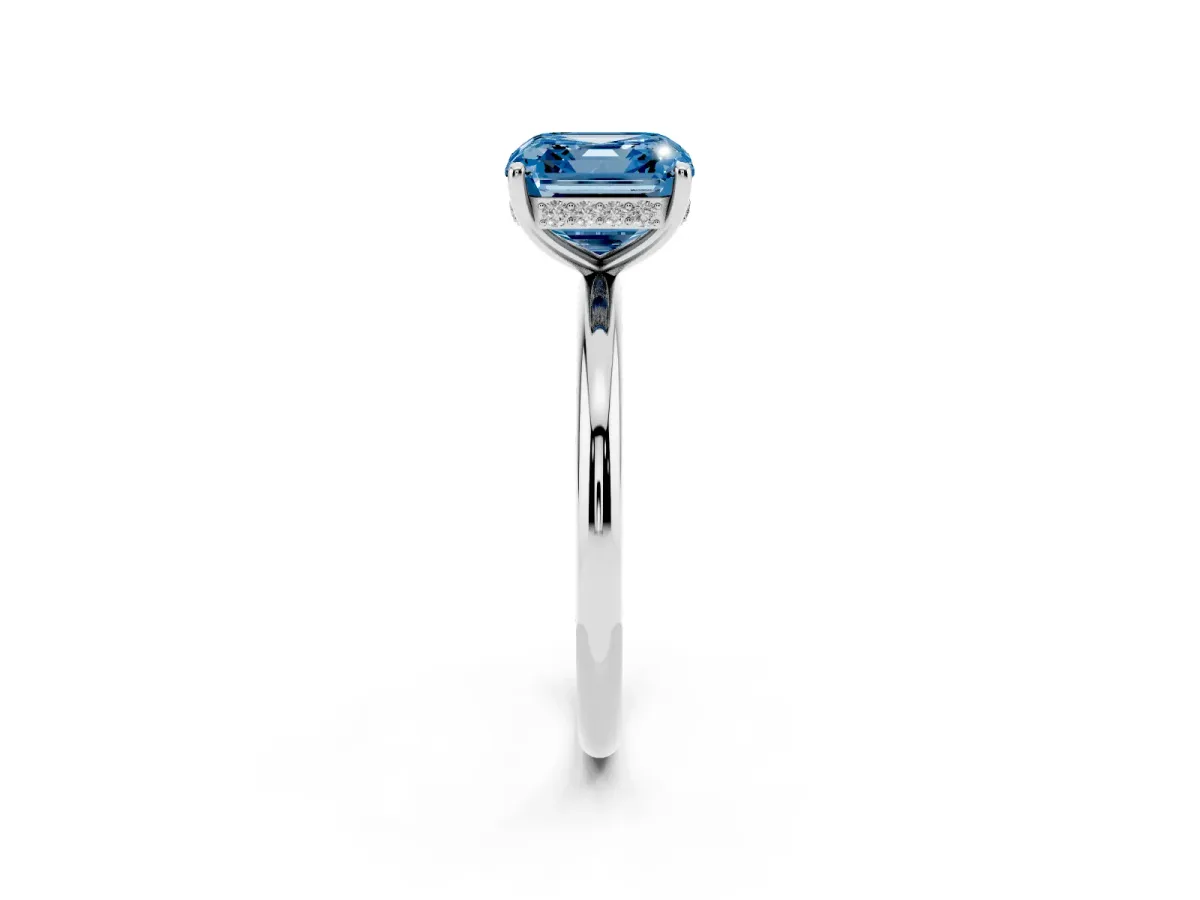 Fancy Blue Asscher Cut Solitaire Diamond Ring with a Classic Band and Four-Prong Setting Silver