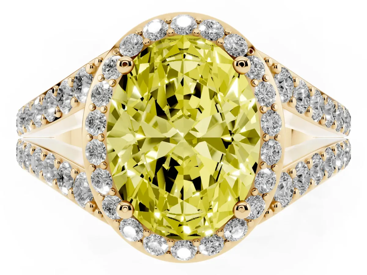 Fancy Yellow Oval Cut Diamond Split Shank Halo Ring with Four-Prong Setting Yellow gold