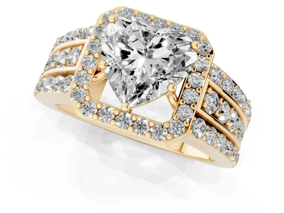 Heart Cut Halo Diamond Ring with Round Split Shank and Prong Setting Yellow gold