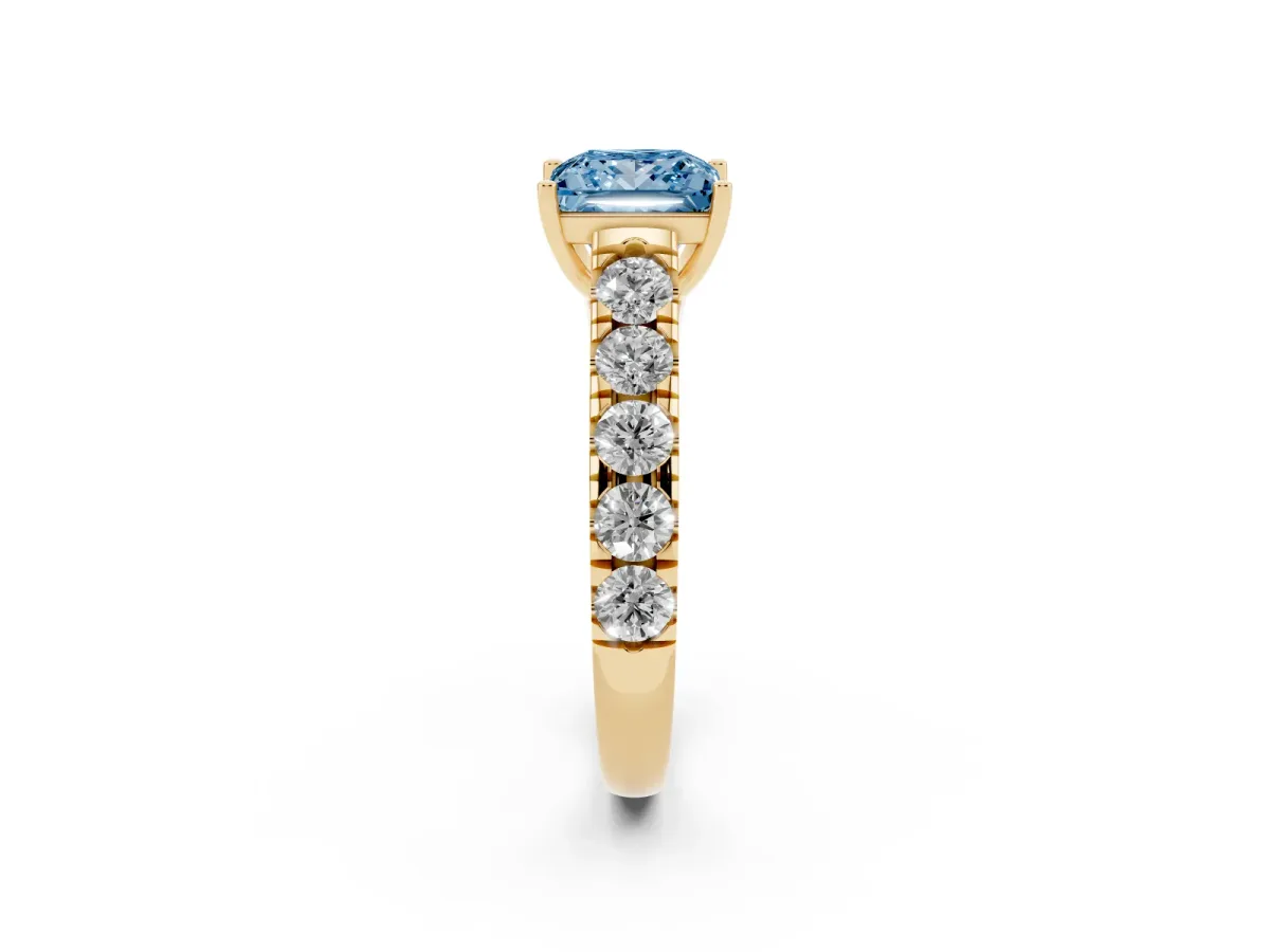 Fancy Blue Princess Cut Cut Diamond Solitaire Ring with Micro Pave Band and Prong Setting Yellow gold