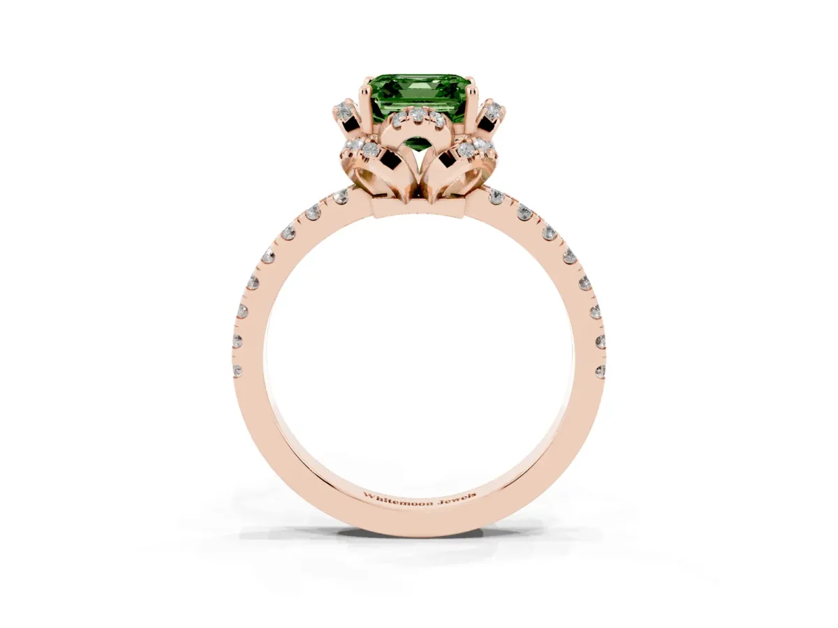 Fancy Green Asscher Cut Halo Diamond Pave Band Ring with Four-Prong Setting Rose gold